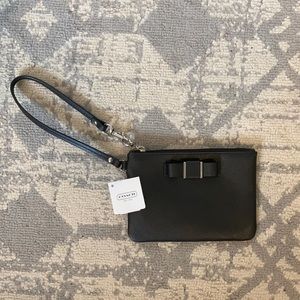 NWT Coach Wristlet - Black Leather w/ Elegant Silver Bow Detail